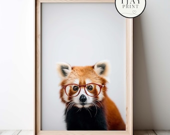 Cute Red Panda with Glasses, Digital Download, Decorative Beautiful Wall Art, Quirky Hipster Animal Portrait, Funny Weird Cute Animals