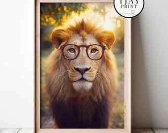 Smart Lion with Glasses Digital Download Decorative Charming Wall Art Whimsical Hipster Animal Portrait Funny Cute Cute Wild Animals