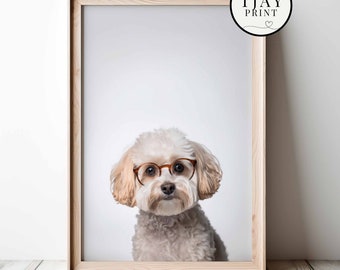 Cute Maltipoo Dog with Glasses Digital Download Decorative Beautiful Wall Art Whimsical Hipster Animal Portrait Funny Cute Pets