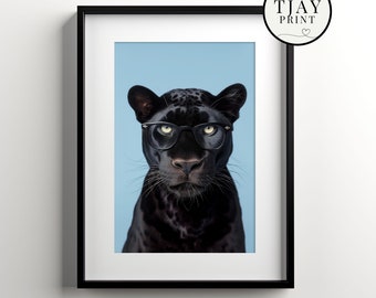 Black Panther with Glasses, Digital Download, Decorative Beautiful Wall Art, Quirky Hipster Animal Portrait, Funny Weird Cute Wild Animals