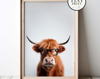 Funny Highland Cattle with Glasses Digital Download Decorative Funny Wall Art Whimsical Hipster Animal Portrait Funny Animals Weird Cow