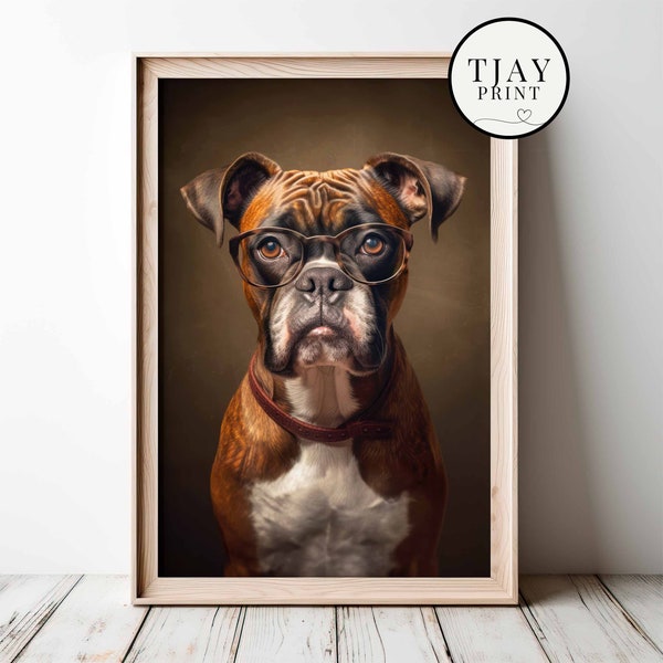 Lustiger Boxer Hund mit Brille, Digitaler Download, Dekorative Schöne Wandkunst, Skurriles Hipster Tierporträt, Witzige Süße Niedliche Tiere