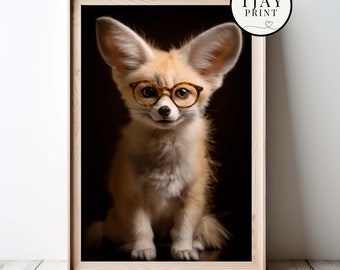Cute Desert Fox Wearing Glasses Digital Download Decorative Beautiful Wall Art Whimsical Hipster Animal Portrait Funny Weird Cute Animals