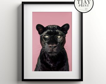 Black Panther with Glasses, Digital Download, Decorative Beautiful Wall Art, Quirky Hipster Animal Portrait, Funny Weird Cute Wild Animals