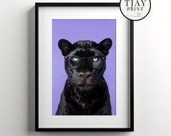 Black Panther with Glasses, Digital Download, Decorative Beautiful Wall Art, Quirky Hipster Animal Portrait, Funny Weird Cute Wild Animals