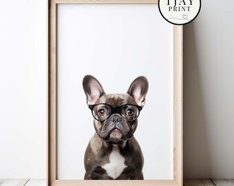 French Bulldog Wearing Glasses Digital Download Decorative Funny Wall Art Whimsical Hipster Animal Portrait Funny Cute Animals