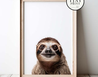 Funny Sloth Wearing Glasses Digital Download,Decorative Charming Stylish Wall Art,Whimsical Hipster Animal Portrait,Cute Cute Animals