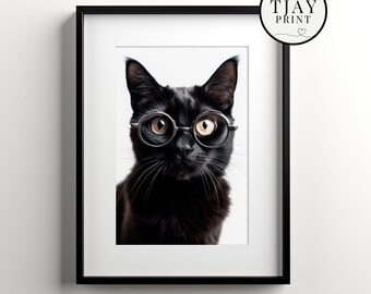 Cute Black Cat Wearing Glasses Digital Download Decorative Beautiful Wall Art Whimsical Hipster Animal Portrait Funny Cute Pets