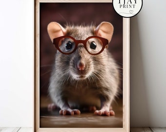 Cute Rat with Glasses, Digital Download, Decorative Beautiful Wall Art, Quirky Hipster Animal Portrait, Funny Weird Cute Animals