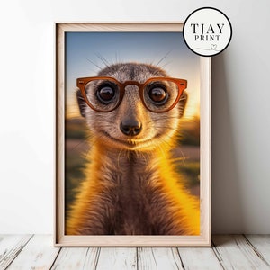 Cute Meerkat with Glasses Digital Download Decorative Funny Wall Art Whimsical Hipster Animal Portrait Funny Funny Animals