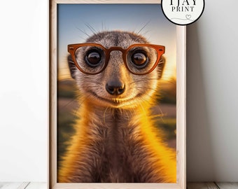 Cute Meerkat with Glasses Digital Download Decorative Funny Wall Art Whimsical Hipster Animal Portrait Funny Funny Animals