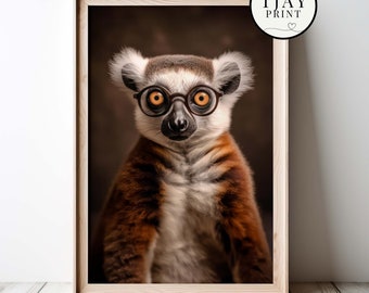 Cute Lemur with Glasses, Digital Download, Decorative Beautiful Wall Art, Quirky Hipster Animal Portrait, Funny Weird Cute Wild Animals