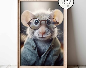 Cute Mouse with Glasses Digital Download Decorative Funny Wall Art Whimsical Hipster Animal Portrait Funny Cute Charming Wildlife