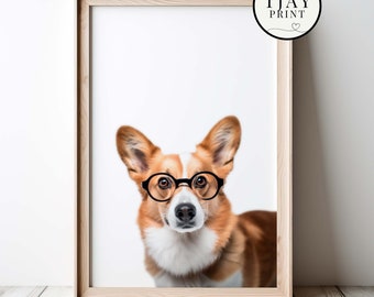 Cute Corgi Dog with Glasses Digital Download Decorative Beautiful Wall Art Whimsical Hipster Animal Portrait Funny Weird Cute Animals