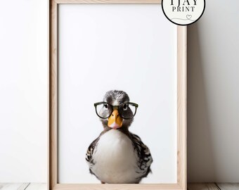 Cute Duck Wearing Glasses Digital Download Decorative Charming Stylish Wall Art Whimsical Hipster Animal Portrait Funny Cute Animals