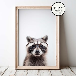 Cute Raccoon with Glasses, Digital Download, Decorative Beautiful Wall Art, Whimsical Hipster Animal Portrait, Funny Weird Cute Animals