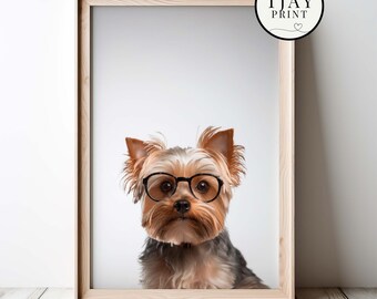 Cute Yorkshire Terrier with Glasses Digital Download Decorative Funny Wall Art Whimsical Hipster Animal Portrait Funny Cute Animals