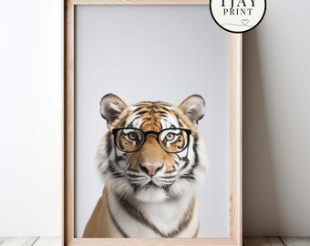 Funny Tiger Wearing Glasses Digital Download Decorative Beautiful Wall Art Whimsical Hipster Animal Portrait Funny Weird Cute Wild Animals