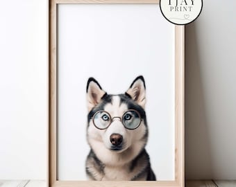 Cute Husky Dog Wearing Glasses Digital Download Decorative Beautiful Wall Art Whimsical Hipster Animal Portrait Funny Weird Cute Animals