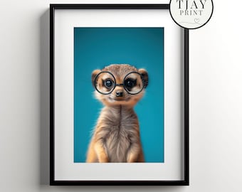 Cute Meerkat with Glasses, Digital Download, Decorative Beautiful Wall Art, Quirky Hipster Animal Portrait, Funny Cute Animals