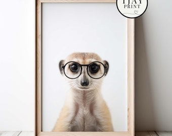 Cute Meerkat with Glasses Digital Download Decorative Beautiful Wall Art Whimsical Hipster Animal Portrait Funny Weird Cute Animals