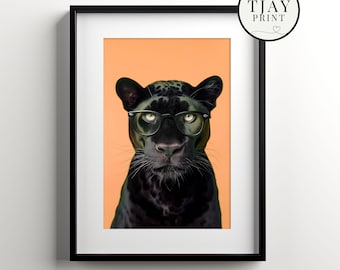 Black Panther with Glasses, Digital Download, Decorative Beautiful Wall Art, Quirky Hipster Animal Portrait, Funny Weird Cute Wild Animals
