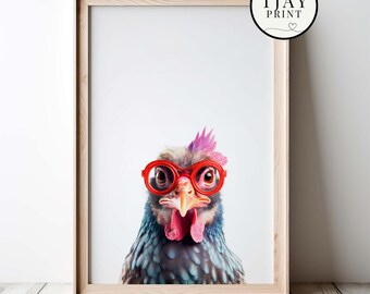 Funny Chicken Wearing Glasses Digital Download Decorative Weird Wall Art Whimsical Hipster Animal Portrait Funny Cute Cute Animals