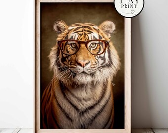 Cute Tiger with Glasses, Digital Download, Decorative Beautiful Wall Art, Quirky Hipster Animal Portrait, Funny Weird Cute Wild Animals