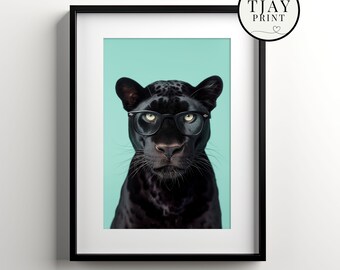 Black Panther with Glasses, Digital Download, Decorative Beautiful Wall Art, Quirky Hipster Animal Portrait, Funny Weird Cute Wild Animals