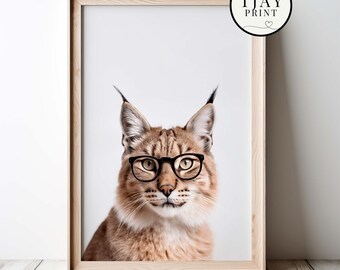 Cute Lynx Wearing Glasses Digital Download Decorative Funny Wall Art Whimsical Hipster Animal Portrait Funny Weird Cute Wild Animals