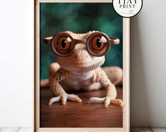 Cute Gecko with Glasses, Digital Download, Decorative Beautiful Wall Art, Quirky Hipster Animal Portrait, Funny Weird Cute Wild Animals
