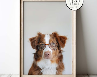 Cute Australian Shepherd Dog with Glasses, Digital Download, Decorative Beautiful Wall Art, Whimsical Hipster Animal Portrait, Cute Animals