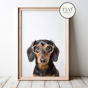 Grappige teckel hond met bril digitale download decoratieve mooie muur kunst grillige hipster dierenportret grappige schattige huisdieren