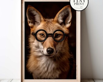 Cute Jackal with Glasses, Digital Download, Decorative Beautiful Wall Art, Quirky Hipster Animal Portrait, Funny Weird Cute Wild Animals