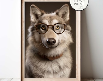 Funny Wolf Wearing Glasses Digital Download Decorative Weird Wall Art Whimsical Hipster Animal Portrait Funny Cute Cute Wild Animals