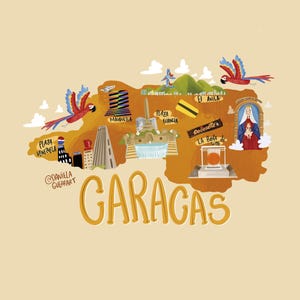 Puede incluir: Ilustración de Caracas, Venezuela, con lugares emblemáticos como Plaza Venezuela y El Ávila. Dos guacamayos coloridos vuelan sobre el mapa. La palabra "Caracas" está escrita en letras grandes y estilizadas. También se incluye el nombre del artista.