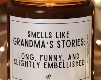 Grappige kaars voor oma, Smells Like Grandmas Stories, hilarisch cadeau voor oma of moeder, eigenzinnig kerstcadeau, nostalgische kaars familiehumor