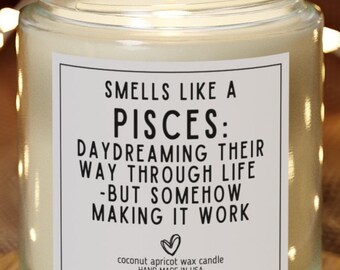 Smells Like a Pisces 4oz Candle. Unique Funny Astrology Gift for Pisces Friend, Bestie, Sassy Birthday Gift, Roommate Christmas Candle Idea