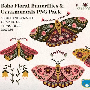 Op de afbeelding: Een set van 11 digitale illustraties van boho bloemen vlinders en ornamenten. De vlinders zijn handgeschilderd en hebben verschillende kleuren, waaronder roze, rood, geel en groen. De ornamenten zijn eenvoudige bloemmotieven. De illustraties zijn perfect om een vleugje whimsy toe te voegen aan je digitale projecten.