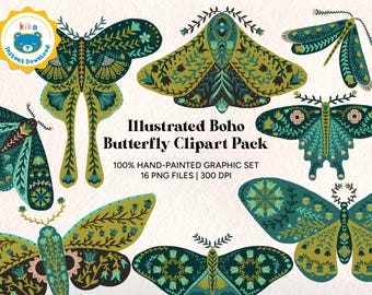 Può includere: Un'illustrazione di diverse farfalle colorate con motivi intricati nelle tonalità del verde acqua, verde oliva e marrone. Il testo "Illustrated Boho Butterfly Clipart Pack" è visualizzato, insieme ai dettagli sul set grafico.