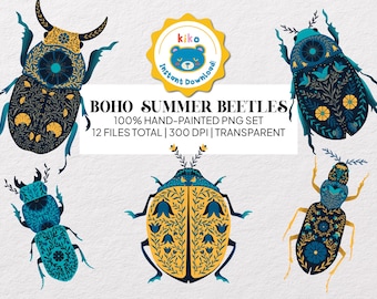 Può includere: Sei illustrazioni dipinte a mano di scarabei boho estivi in verde acqua, giallo e nero. Gli scarabei presentano motivi dettagliati. Il testo "BOHO SUMMER BEETLES" e "100% HAND-PAINTED PNG SET" è incluso.