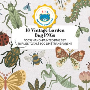 May include: A digital collection of 18 hand-painted garden bug PNGs featuring various insects including a ladybug, bee, mantis, caterpillars, and butterflies, alongside floral elements, with text reading 18 Vintage Garden Bug PNGs.