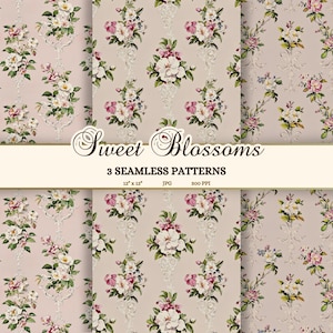Shabby Chic Digitales Papier, Rosa Florale Nahtlose Muster JPG, Cottagecore Junk Journal Papier für den Frühling, druckbare Tapete für das Mädchenzimmer