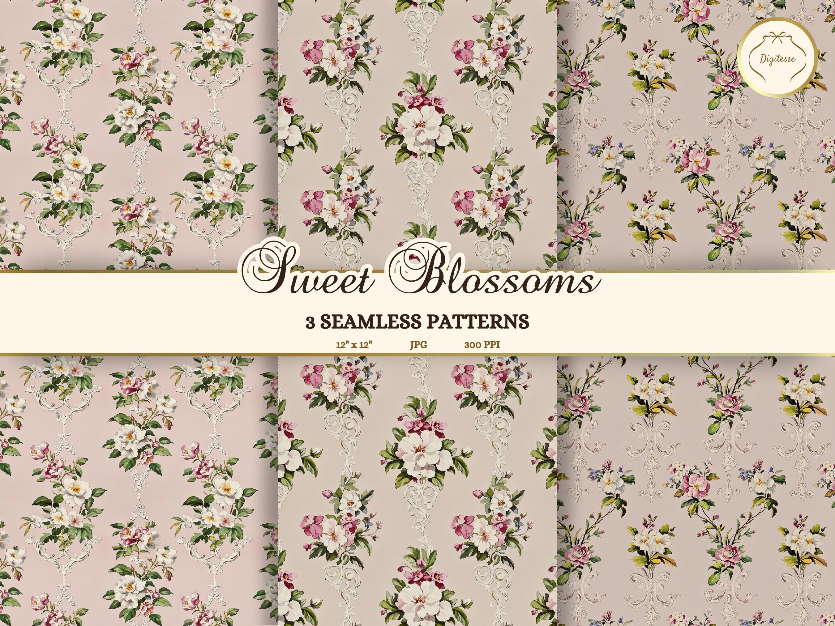 Pink Floral Shabby Chic Digital Paper: Cottagecore Seamless Patterns ...
