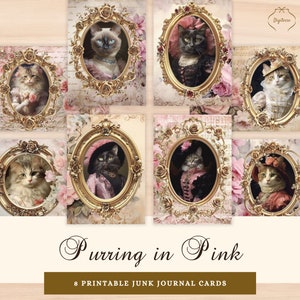 Chats dans des vêtements indésirable Journal cartes à télécharger, éphémères chat vintage imprimable, cartes ATC Royal Cat, chats victoriens JPG, rococo floral rose