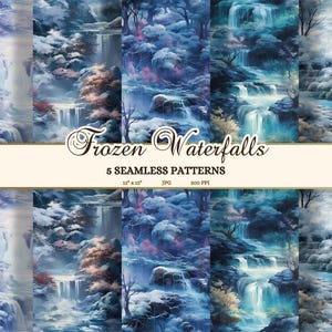 Paesaggi invernali ad acquerello JPG, pagine di diario spazzatura invernale da scaricare, motivi senza soluzione di continuità di cascate ghiacciate, carta per scrapbooking di foreste innevate magiche