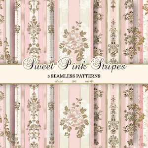 Rosa und Gold Digital Paper Pack, Kokette Junk Journal Papier, Französische Tapete zum Ausdrucken, Vintage Spitze Hintergrund, Rokoko Nahtlose Datei JPG