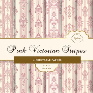 Carta stampabile a strisce rosa JPG, carta da parati vittoriana della casa delle bambole stampabile, carta per diario spazzatura estetica Coquette, carta damascata per scrapbooking