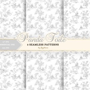 Pode incluir: Três padrões sem costura com um design de toile de panda em tons de cinza sobre um fundo branco. Os padrões apresentam pandas em uma paisagem com árvores. O texto "Panda Toile" e "3 padrões sem costura" também são visíveis.