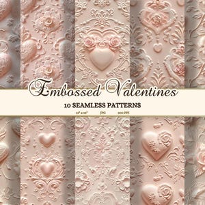 Naadloze reliëftextuur Valentijnsdag, naadloze roze hartenpatroon, rococo-harten en rozen JPG, afdrukbare junk Journal Paper Coquette
